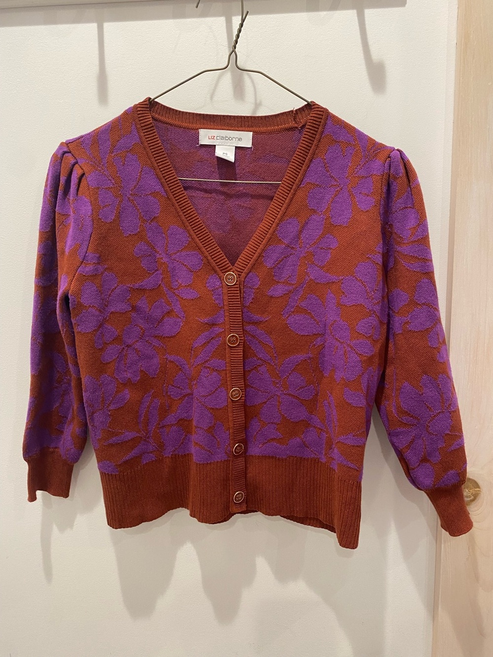 Liz Claiborne Rust and Purple Floral V-Neck Cardigan Sz. PS